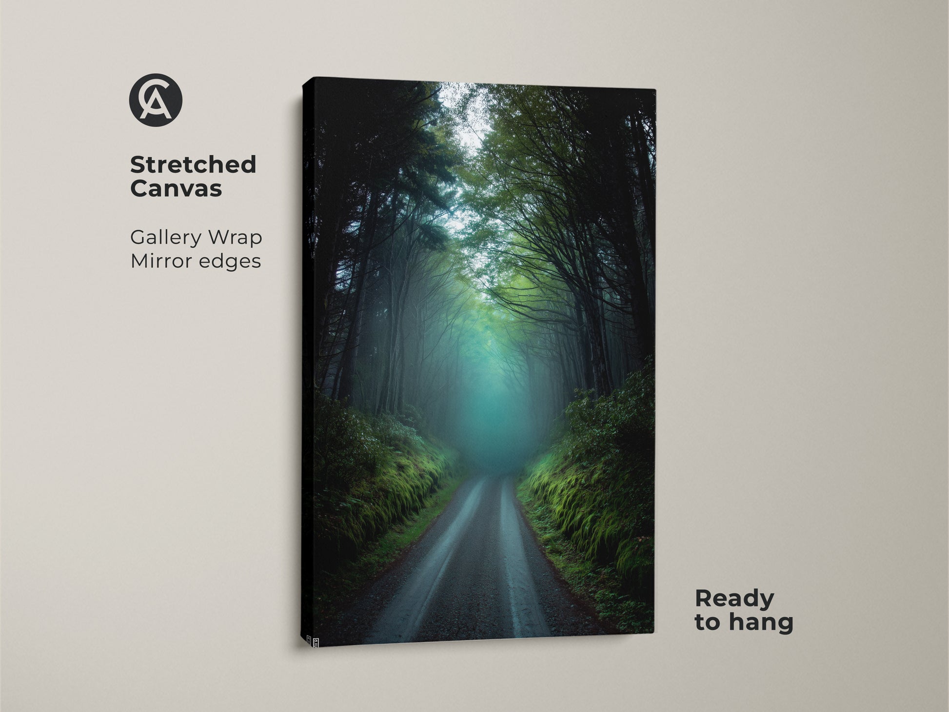 Stretched canvas art featuring a misty forest road. Gallery-wrapped with mirror edges this dark green teal artwork is ready to hang. It captures a rustic woodland scene with foggy trees. This nature landscape print adds serene beauty to any room. Ideal as a housewarming gift