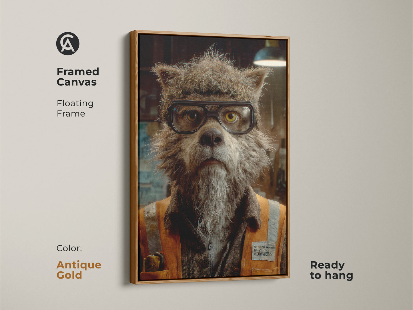 Framed canvas of a gothic wolf portrait art in an antique gold floating frame. Ready to hang dark academia wolf wall art offers eclectic style. Perfect unique animal print for study room decor. A vintage wolf artwork for anthropomorphic portrait art. Complements eclectic living room art.