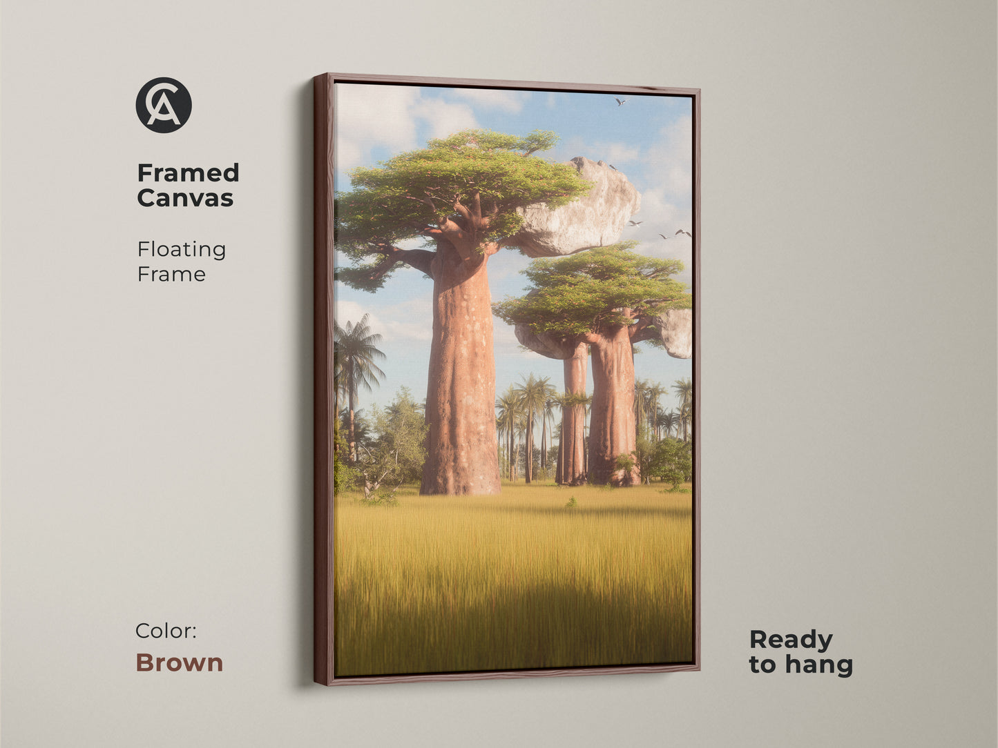 Framed Canvas with Baobab Tree art. Brown floating frame enhances the artwork. This African Savanna landscape painting adds an eclectic touch. Realistic digital art in brown yellow and green. Ideal as a travelers housewarming gift. Ready to hang in any room.