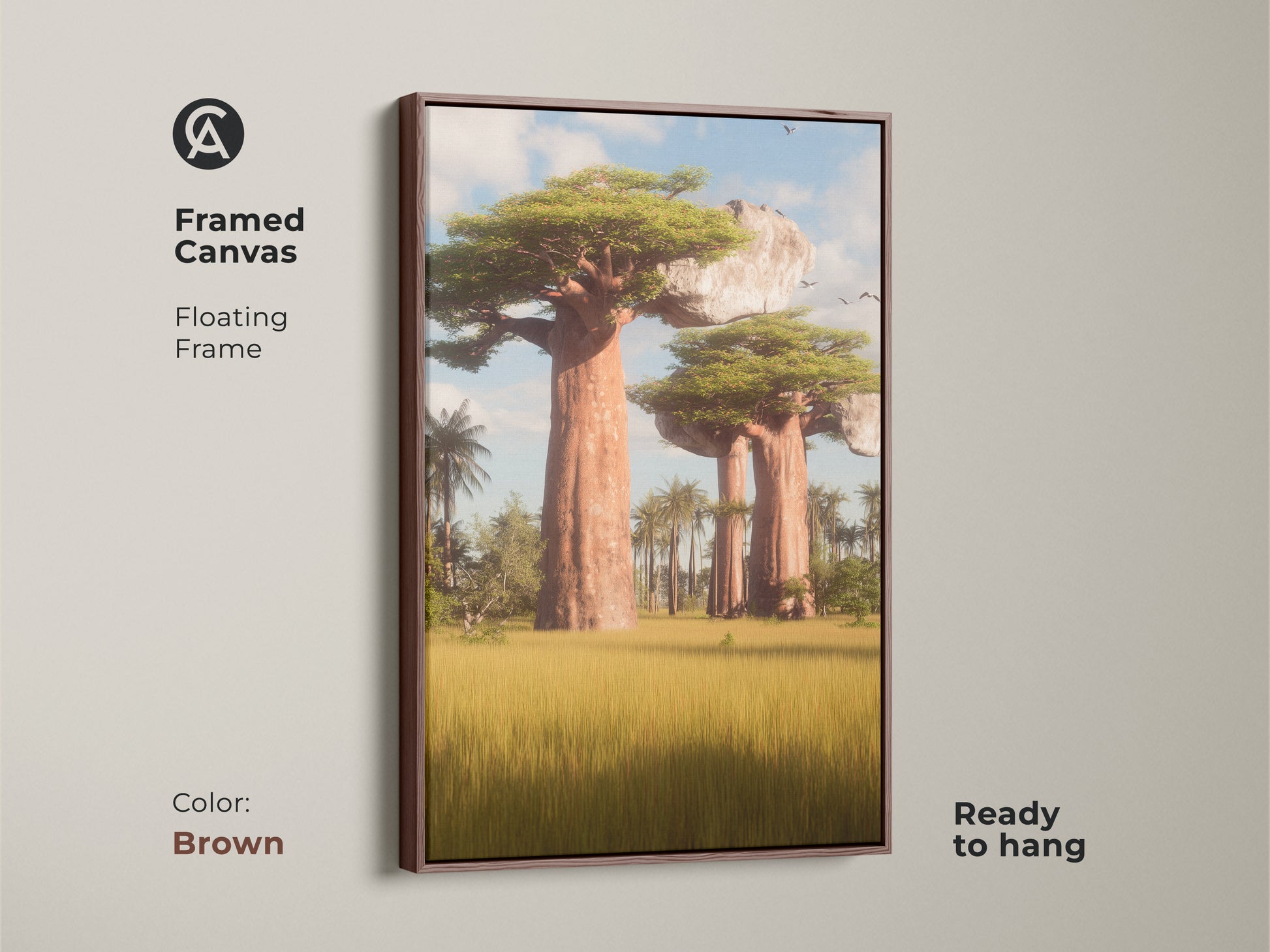 Framed Canvas with Baobab Tree art. Brown floating frame enhances the artwork. This African Savanna landscape painting adds an eclectic touch. Realistic digital art in brown yellow and green. Ideal as a travelers housewarming gift. Ready to hang in any room.