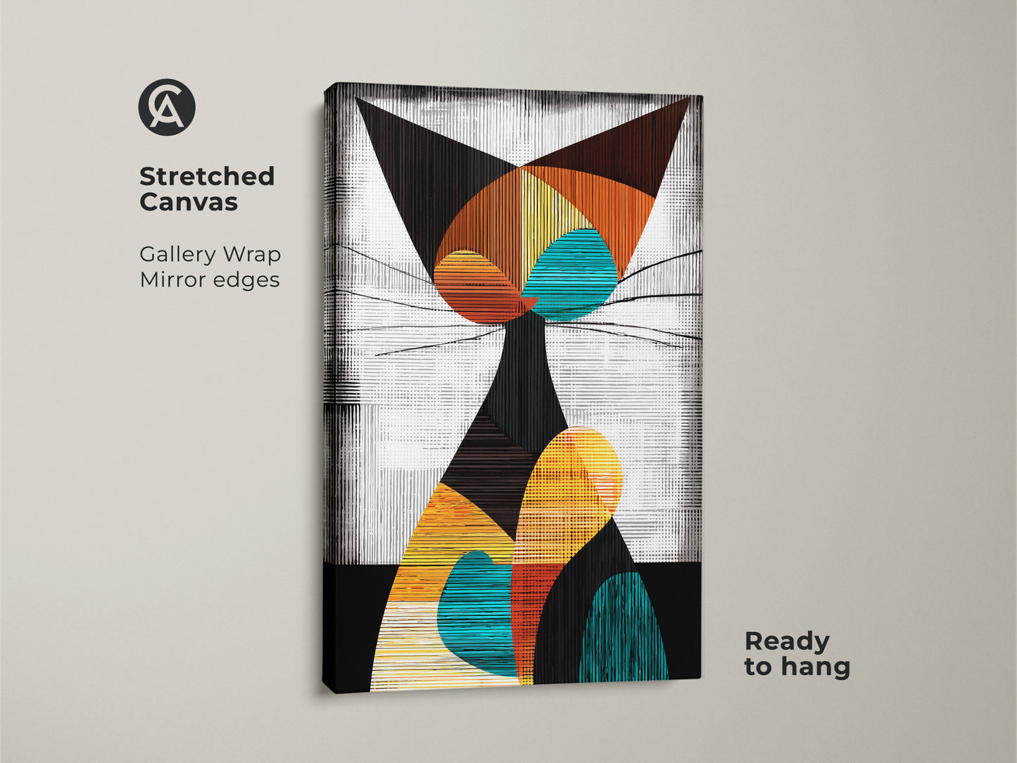 Stretched canvas art shows a mid century modern cat art print. It is an abstract geometric cat printed on gallery wrapped canvas. This teal yellow and orange wall art is ready to hang.