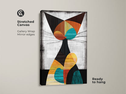 Stretched canvas art shows a mid century modern cat art print. It is an abstract geometric cat printed on gallery wrapped canvas. This teal yellow and orange wall art is ready to hang.
