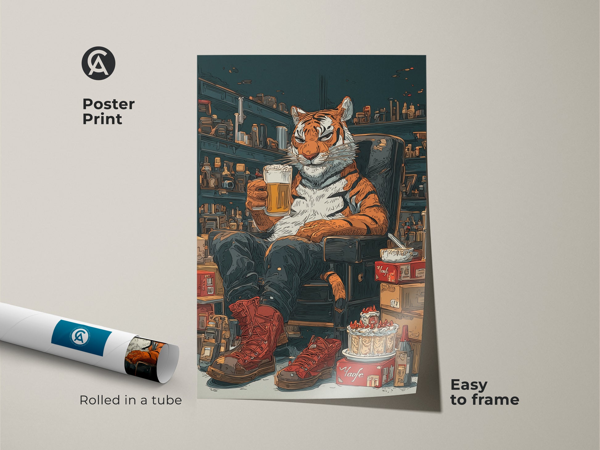 Poster print of a tiger enjoying beer in comic style. This animal themed wall art is easy to frame. Rolled in a tube this eclectic tiger poster is great as man cave bar decoration or as a gift for him beer lover.