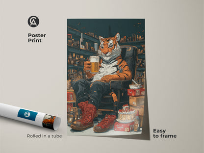 Poster print of a tiger enjoying beer in comic style. This animal themed wall art is easy to frame. Rolled in a tube this eclectic tiger poster is great as man cave bar decoration or as a gift for him beer lover.