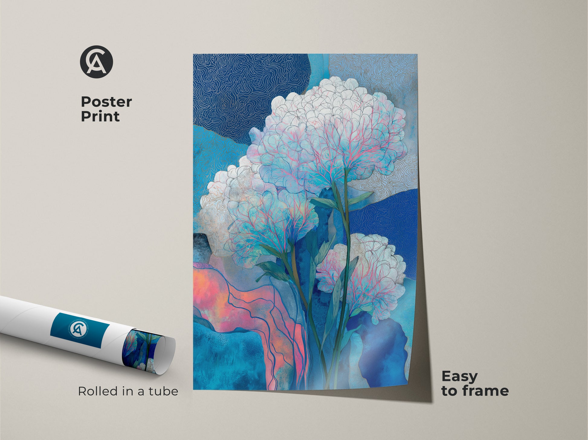 Poster print of botanical abstract art. This teal pink floral canvas wall art is easy to frame. Rolled in a tube the modern home decor is nature inspired. The contemporary wall art features abstract nature decor.