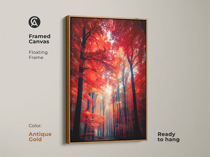 Framed canvas art featuring a vibrant red forest. The floating frame in antique gold adds a touch of elegance. Ready to hang this artwork brings nature's beauty to your walls. A perfect statement piece for classic home decor.