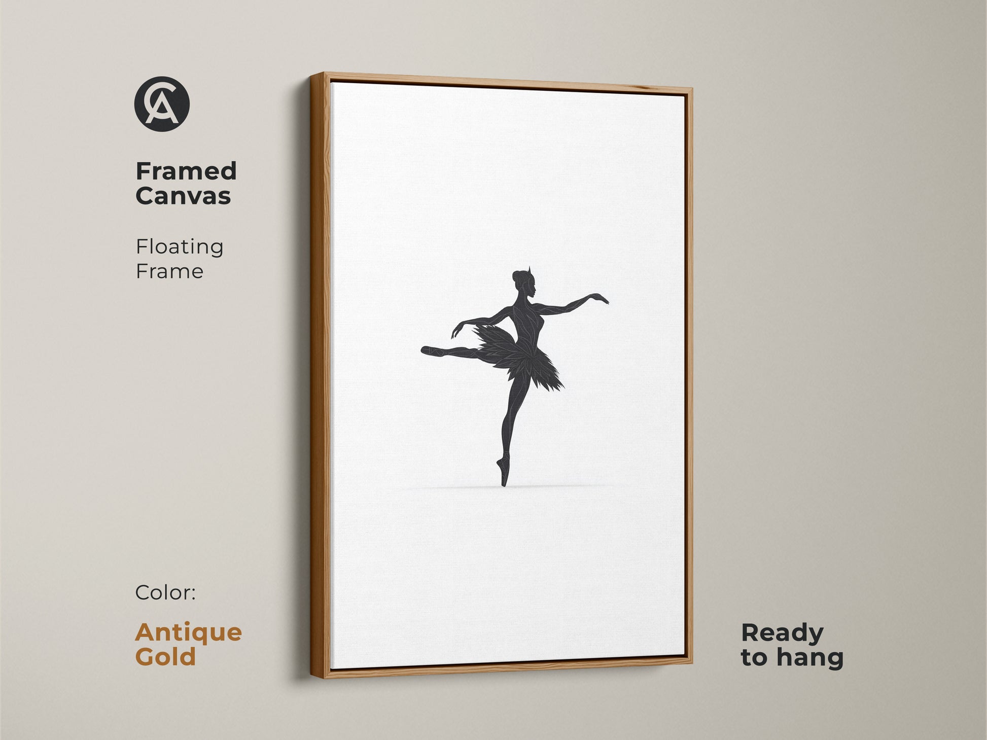 This framed canvas features minimalist black ballerina artwork in a antique gold floating frame. Ready to hang this contemporary piece enhances any space with elegance. It is ideal for adding a sophisticated touch to a bedroom or home office perfect for ballet enthusiasts.