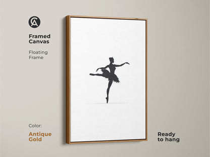 This framed canvas features minimalist black ballerina artwork in a antique gold floating frame. Ready to hang this contemporary piece enhances any space with elegance. It is ideal for adding a sophisticated touch to a bedroom or home office perfect for ballet enthusiasts.