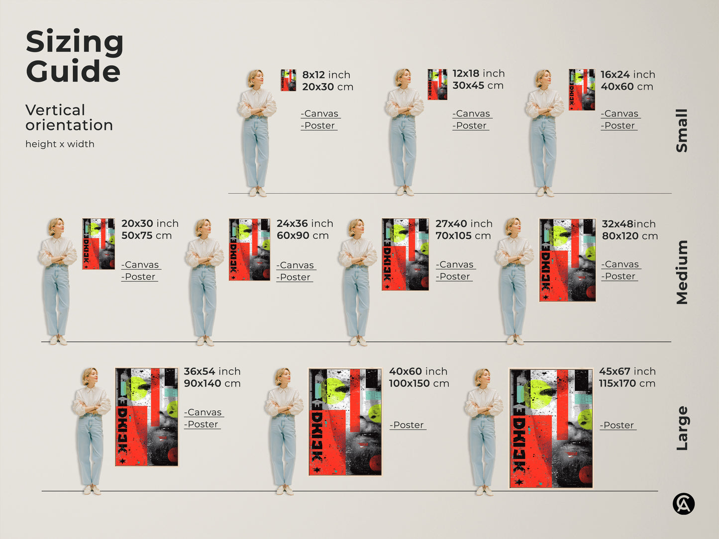 A sizing guide for abstract portraiture art prints. Visualize the grunge collage in various sizes from small to large. See how the red yellow and teal canvas decor fits your space. Available as both canvas and poster options. Find the ideal size for your eclectic home decor needs.