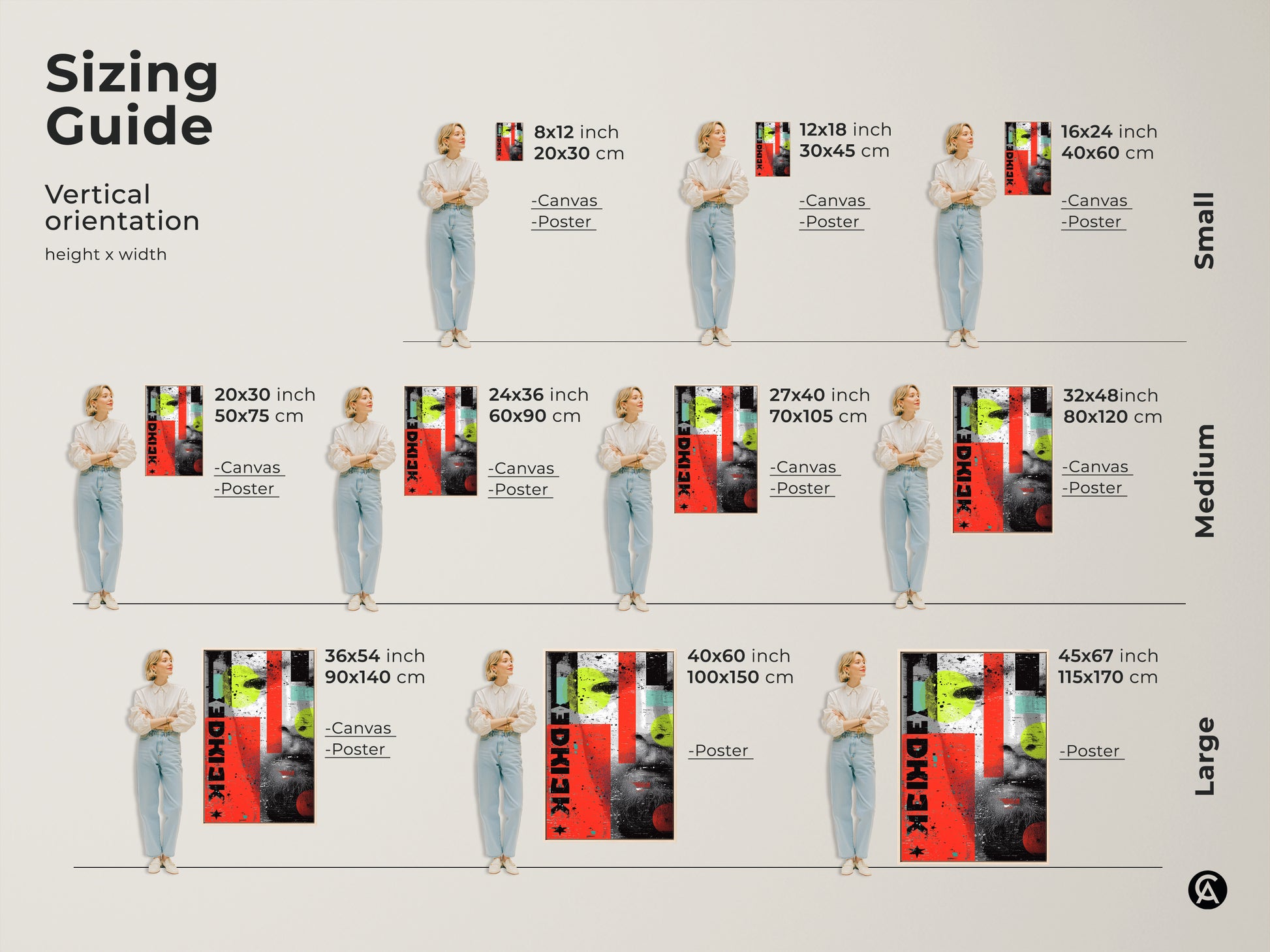 A sizing guide for abstract portraiture art prints. Visualize the grunge collage in various sizes from small to large. See how the red yellow and teal canvas decor fits your space. Available as both canvas and poster options. Find the ideal size for your eclectic home decor needs.