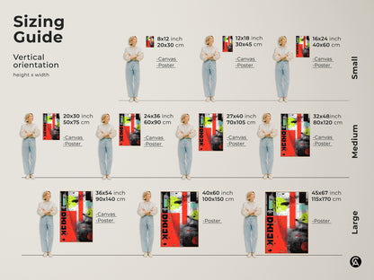 A sizing guide for abstract portraiture art prints. Visualize the grunge collage in various sizes from small to large. See how the red yellow and teal canvas decor fits your space. Available as both canvas and poster options. Find the ideal size for your eclectic home decor needs.