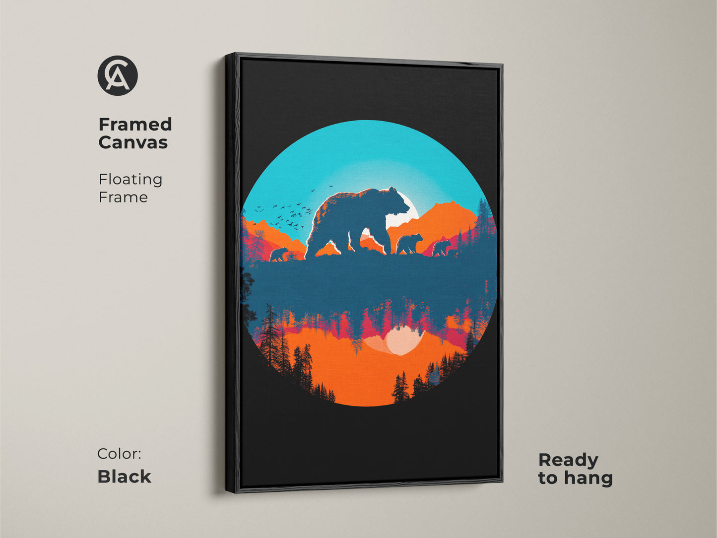 Black framed canvas featuring bear family silhouette artwork. This mountain sunset home office decor art adds a touch of nature to your space. Ready to hang it's a perfect housewarming gift for him or an animal lover
