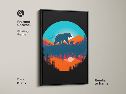 Black framed canvas featuring bear family silhouette artwork. This mountain sunset home office decor art adds a touch of nature to your space. Ready to hang it's a perfect housewarming gift for him or an animal lover