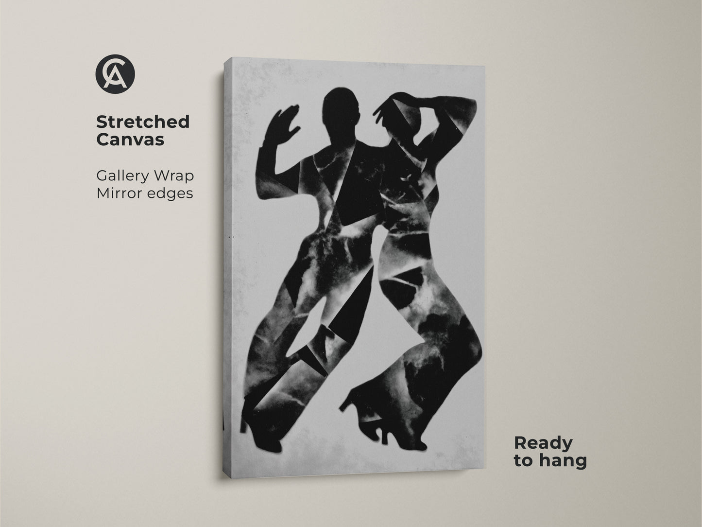 Poster print of abstract dancers art. The monochrome silhouette wall decor is rolled in a tube. This black and white dancers art is easy to frame. Ideal minimalist wall hanging for bedroom.