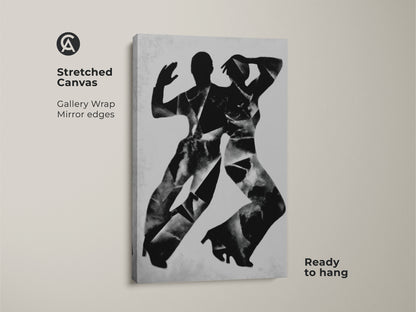 Poster print of abstract dancers art. The monochrome silhouette wall decor is rolled in a tube. This black and white dancers art is easy to frame. Ideal minimalist wall hanging for bedroom.