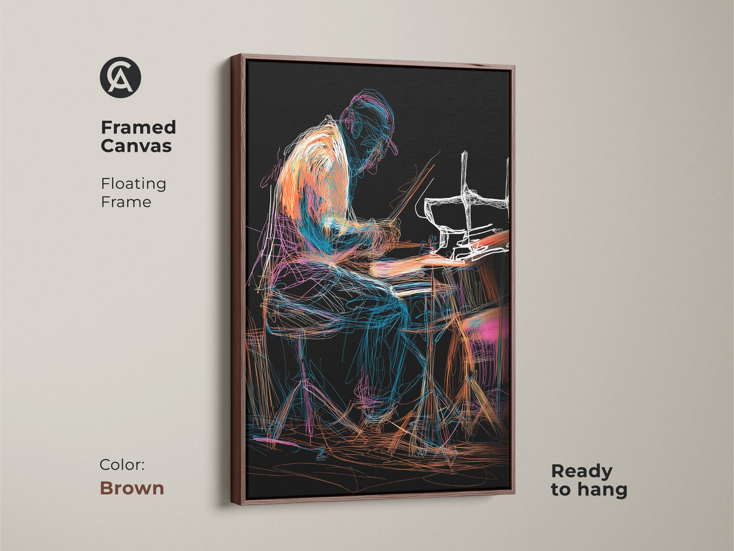 Framed canvas art showing an abstract drummer. Brown floating frame complements the line art musician print. Ready to hang eclectic drum set canvas featuring orange blue and teal hues. A unique piece for studio or office decor.
