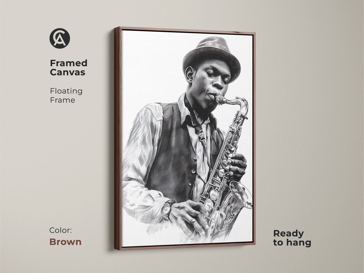 Framed canvas print of a jazz musician with a saxophone. The floating frame is brown. This ready to hang art print adds a warm touch. Ideal wall art for living rooms or music rooms. Find framed art for your space.