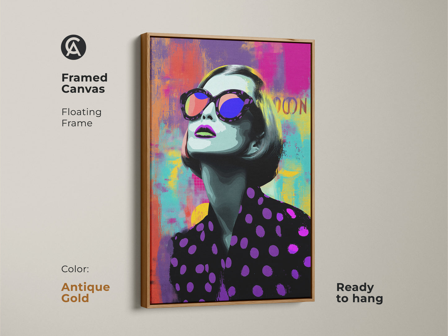 Framed canvas of a Pop Art woman with an antique gold floating frame. A stylish living room art piece that’s ready to hang. The abstract painting features purple pink and teal.