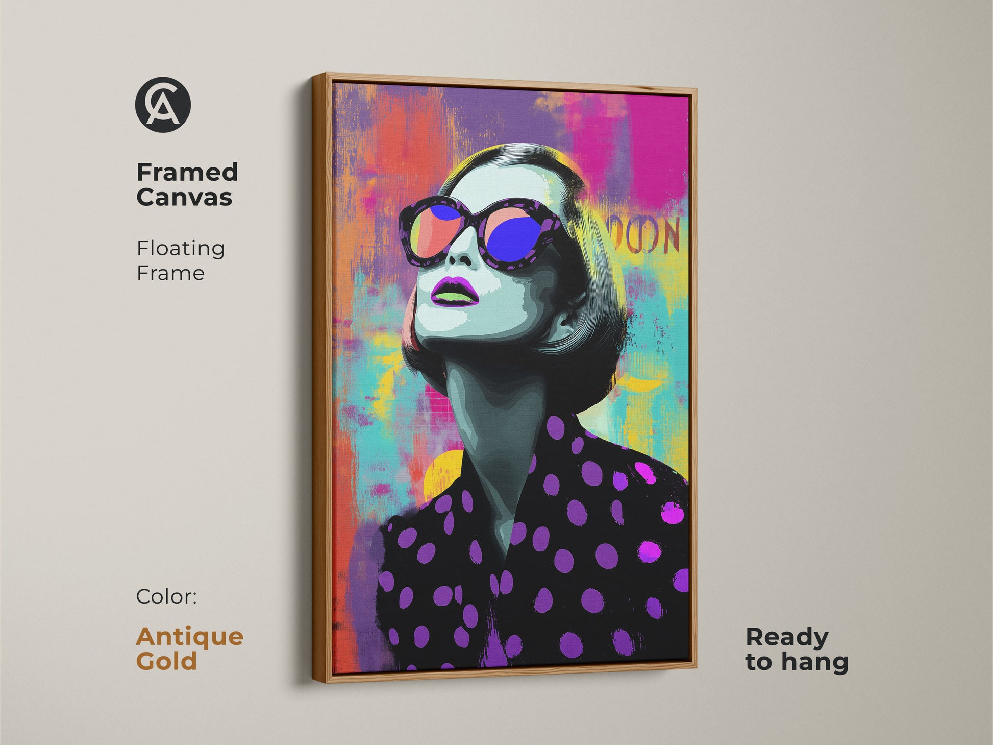 Framed canvas of a Pop Art woman with an antique gold floating frame. A stylish living room art piece that’s ready to hang. The abstract painting features purple pink and teal.