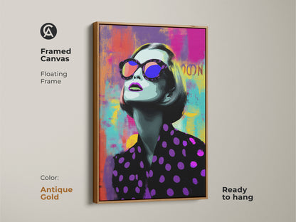 Framed canvas of a Pop Art woman with an antique gold floating frame. A stylish living room art piece that’s ready to hang. The abstract painting features purple pink and teal.