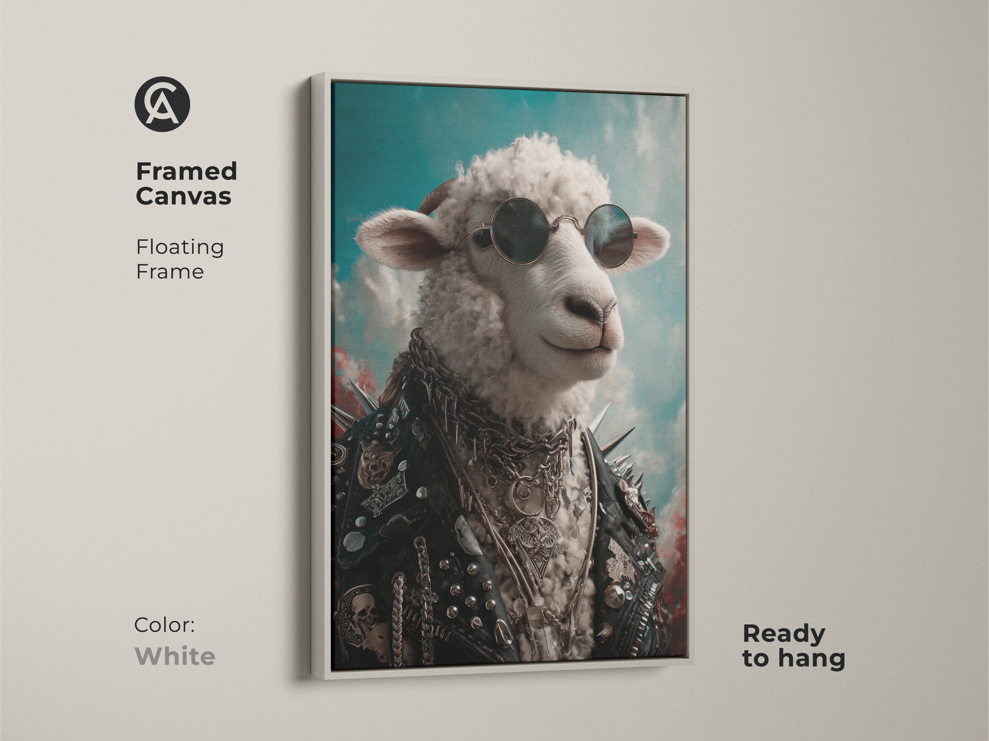 A framed canvas of punk rock sheep art with a white floating frame. The sheep is wearing sunglasses and a leather jacket. It's ready to hang. This unique animal art is perfect for eclectic home decor. An edgy canvas art and rock music fan gift.