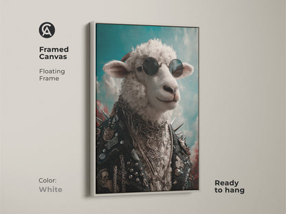 A framed canvas of punk rock sheep art with a white floating frame. The sheep is wearing sunglasses and a leather jacket. It's ready to hang. This unique animal art is perfect for eclectic home decor. An edgy canvas art and rock music fan gift.
