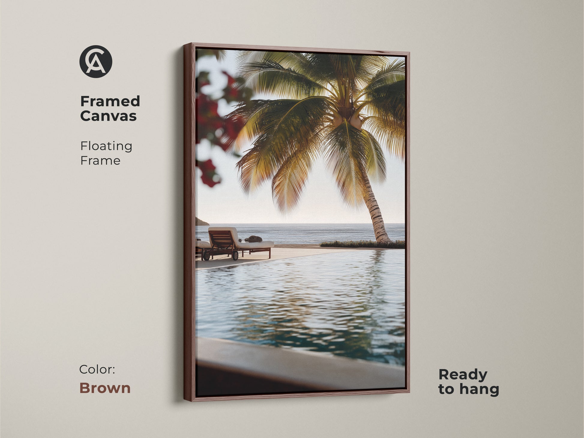 Framed Canvas in Brown of Beachside Paradise. Floating frame is ready to hang. Coastal beach canvas print of a serene ocean landscape. Photorealistic tropical decor with green palm leaves. Perfect for a coastal living room or luxury resort style.