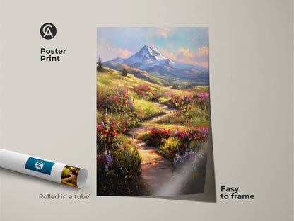 Poster print of an impressionistic wildflower meadow canvas art. This painterly mountain scene is rolled in a tube for easy framing. The blue yellow and green nature art adds a touch of bohemian flair to any space. Ideal for those seeking scenic mountain view prints for their home decor.
