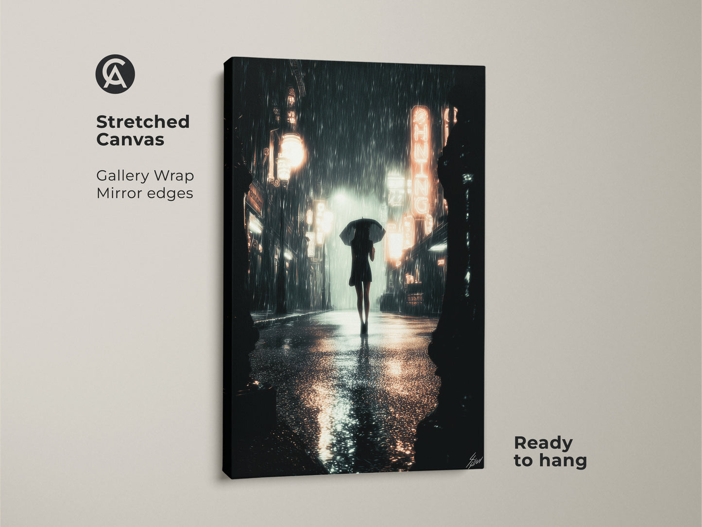 Stretched canvas of a rainy city street art. A woman with umbrella is walking on the street. Gallery wrapped with mirror edges this neon city nightlife print is ready to hang. The urban cityscape wall art adds a moody touch to any space.