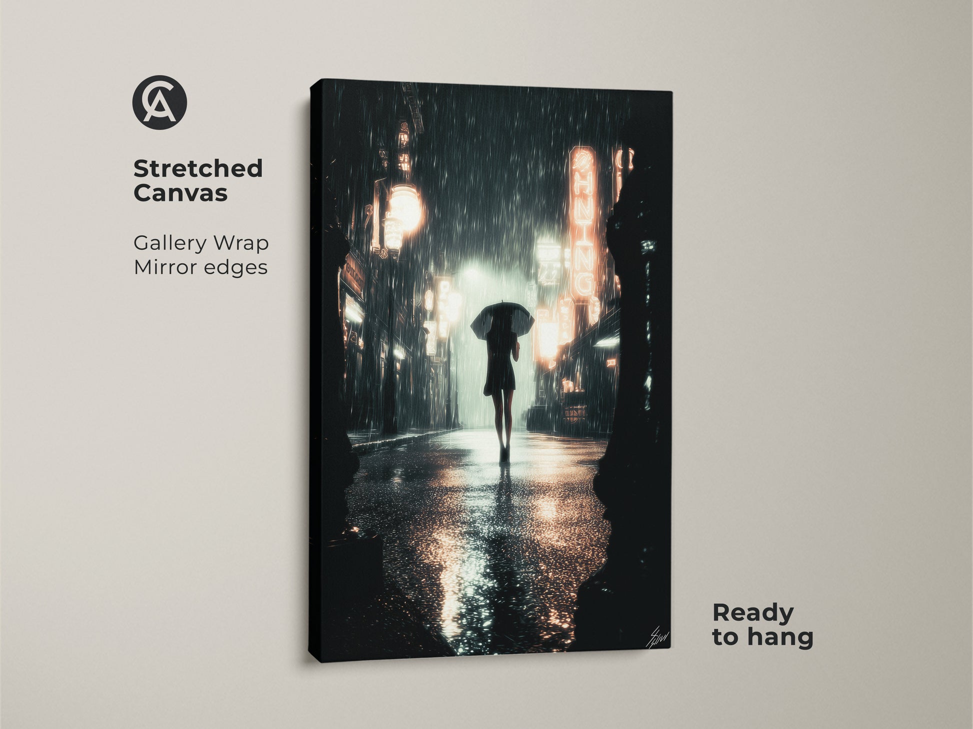 Stretched canvas of a rainy city street art. A woman with umbrella is walking on the street. Gallery wrapped with mirror edges this neon city nightlife print is ready to hang. The urban cityscape wall art adds a moody touch to any space.
