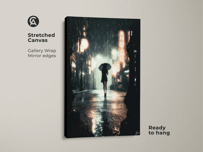 Stretched canvas of a rainy city street art. A woman with umbrella is walking on the street. Gallery wrapped with mirror edges this neon city nightlife print is ready to hang. The urban cityscape wall art adds a moody touch to any space.