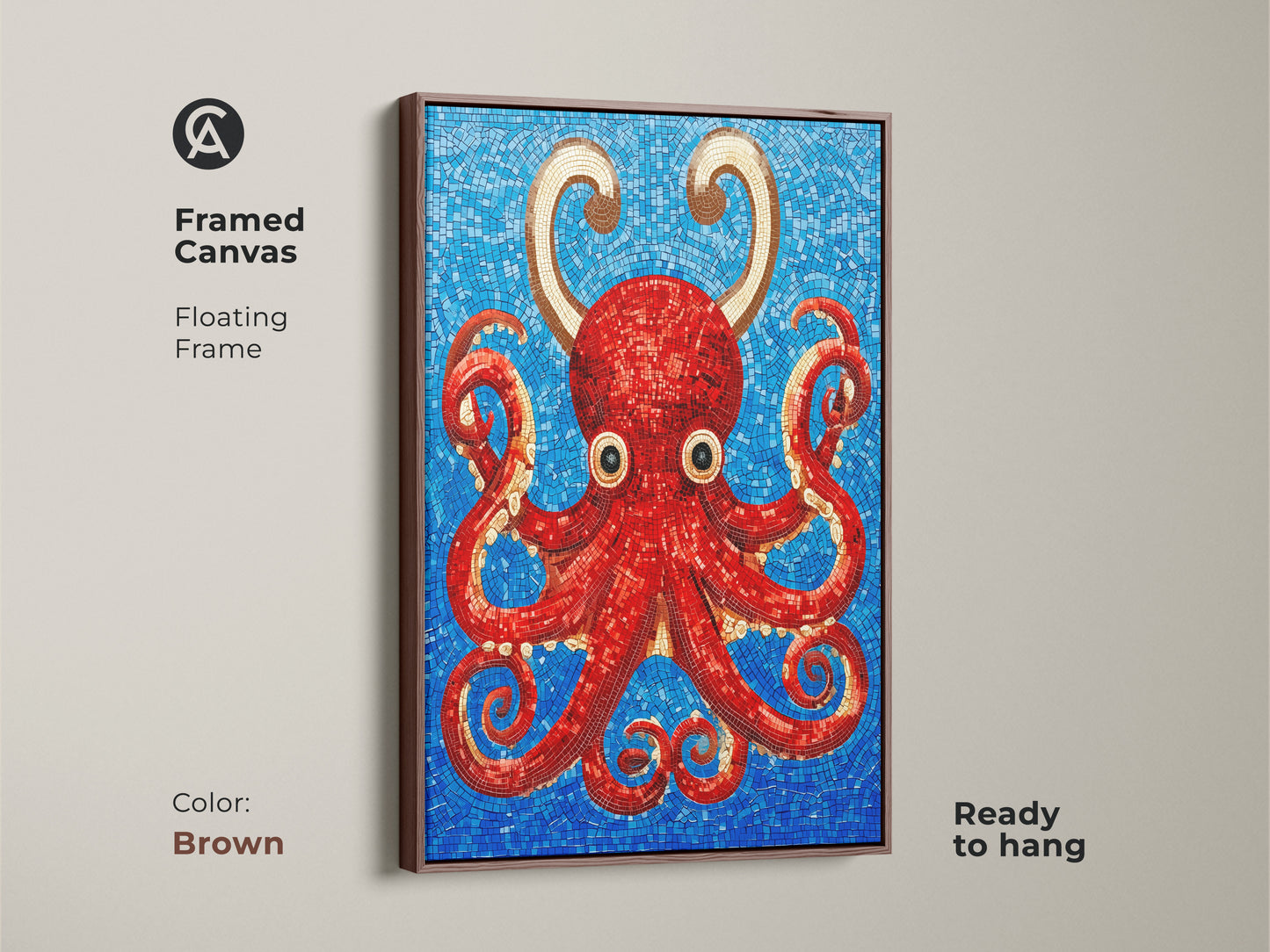 Framed canvas with a brown floating frame showcasing a red octopus mosaic artwork. The intricate mosaic art style and vibrant colors make this piece eye-catching. The gold tentacle artwork contrasts beautifully with the blue background. This eclectic marine life decor is ready to hang. A unique gift for ocean enthusiasts.