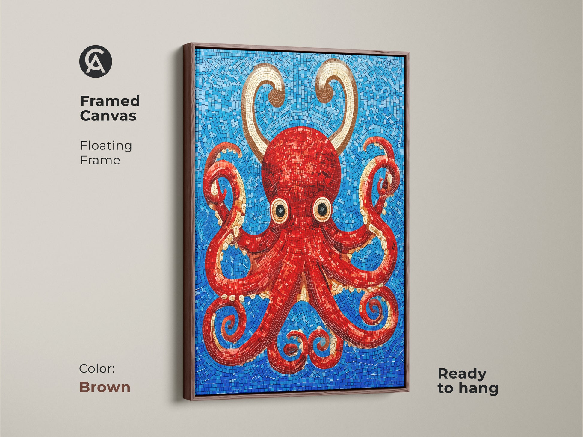 Framed canvas with a brown floating frame showcasing a red octopus mosaic artwork. The intricate mosaic art style and vibrant colors make this piece eye-catching. The gold tentacle artwork contrasts beautifully with the blue background. This eclectic marine life decor is ready to hang. A unique gift for ocean enthusiasts.