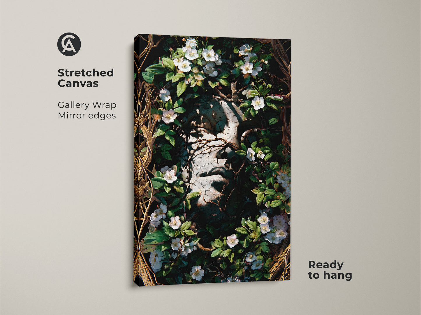 A Stretched Canvas Botanical Face Art Print showcasing a gallery wrap with mirror edges. Ready to hang this Gothic dark academia art features white flowers and greenery. Ideal for eclectic bedroom decor and surrealism home decor.