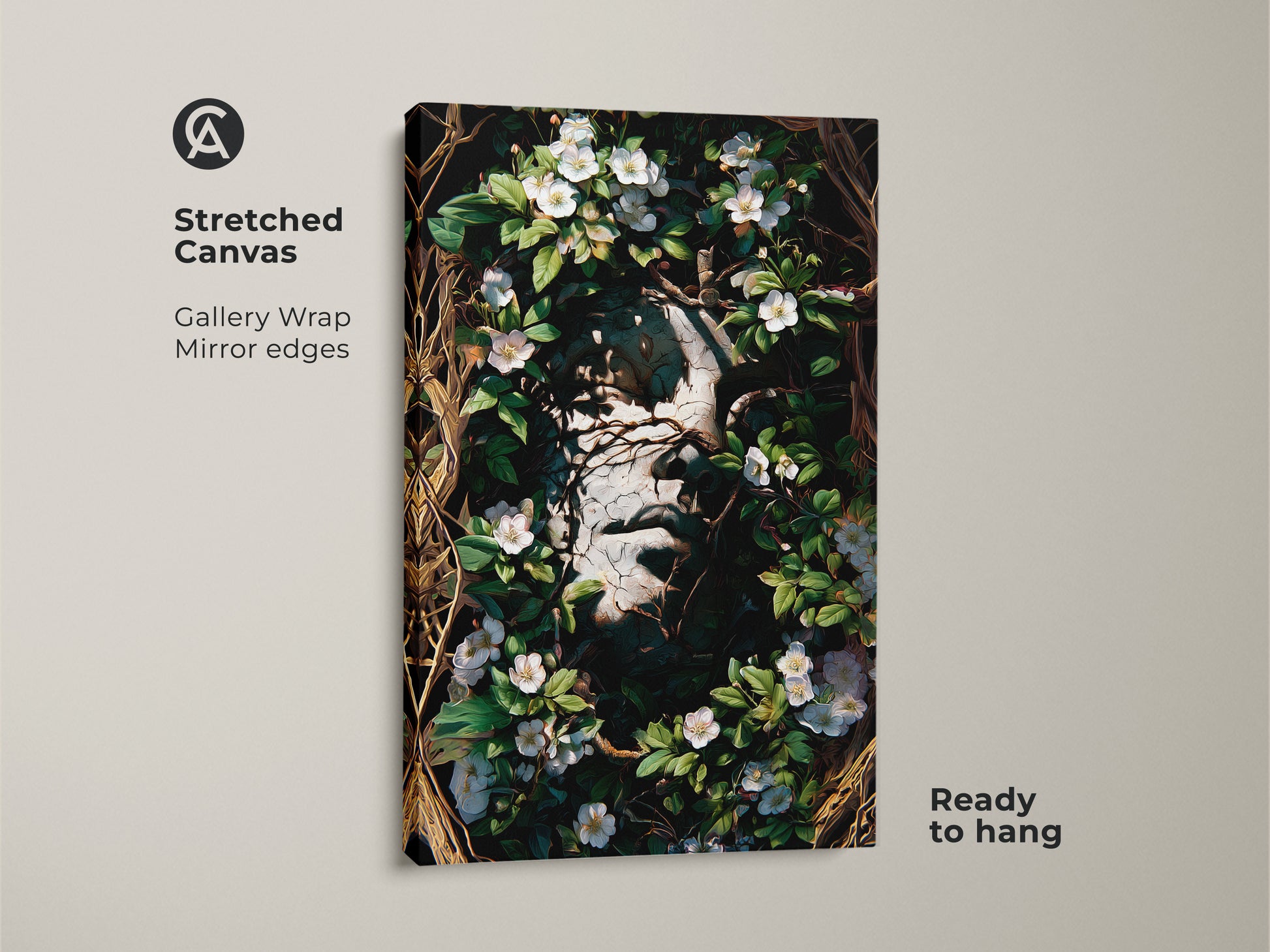 A Stretched Canvas Botanical Face Art Print showcasing a gallery wrap with mirror edges. Ready to hang this Gothic dark academia art features white flowers and greenery. Ideal for eclectic bedroom decor and surrealism home decor.