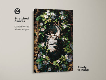 A Stretched Canvas Botanical Face Art Print showcasing a gallery wrap with mirror edges. Ready to hang this Gothic dark academia art features white flowers and greenery. Ideal for eclectic bedroom decor and surrealism home decor.