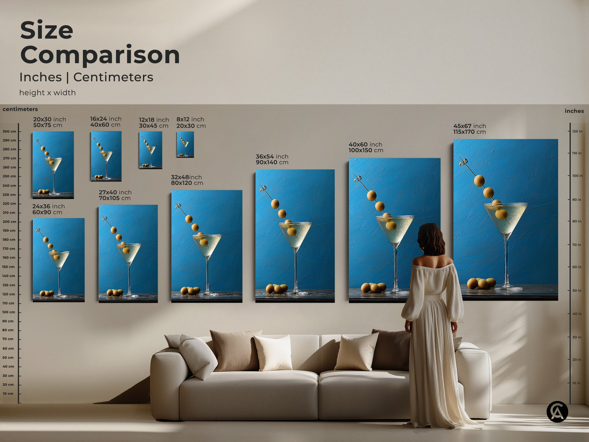Size comparison of martini still life artwork in inches and centimeters. Modern bar artwork displayed above a sofa. Blue kitchen decor. Contemporary gift idea for stylish bar wall art. This azure blue artwork enhances any space. Find the perfect contemporary drink art size.
