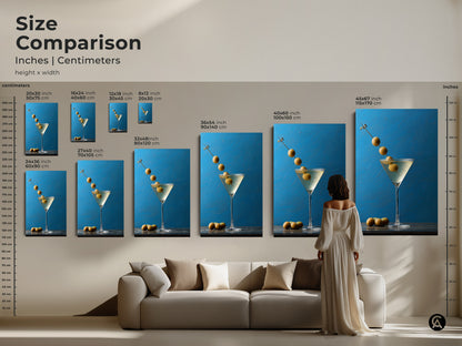 Size comparison of martini still life artwork in inches and centimeters. Modern bar artwork displayed above a sofa. Blue kitchen decor. Contemporary gift idea for stylish bar wall art. This azure blue artwork enhances any space. Find the perfect contemporary drink art size.