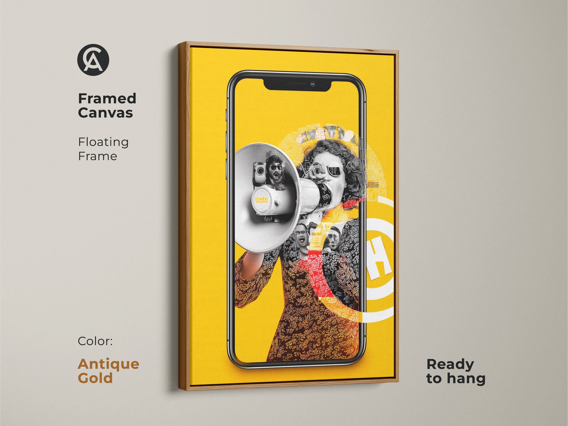 Framed canvas print with an antique gold floating frame around a surrealist collage. It features a megaphone and smartphone on a yellow backdrop. Ready to hang this technology-themed piece enhances any space with eclectic modern art.