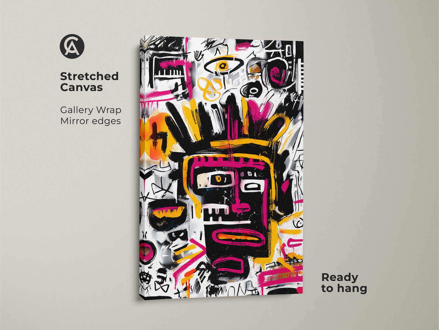 Stretched canvas print featuring a Basquiat-inspired face motif. The gallery wrap with mirrored edges gives a museum-quality look. This ready-to-hang artwork adds a modern touch to any home or office. The artwork is a bold statement piece. It will enhance your interior decor.