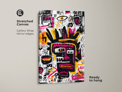 Stretched canvas print featuring a Basquiat-inspired face motif. The gallery wrap with mirrored edges gives a museum-quality look. This ready-to-hang artwork adds a modern touch to any home or office. The artwork is a bold statement piece. It will enhance your interior decor.