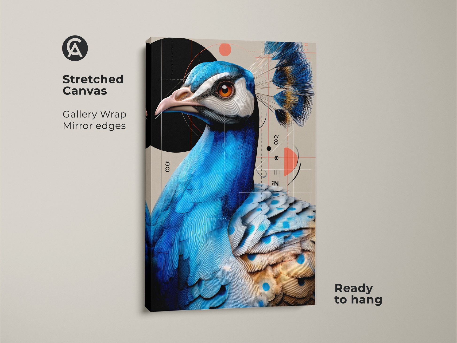 Close-up view of a stretched canvas featuring a blue teal peacock print. The modern geometric bird wall art is ready to hang. This contemporary animal art would look great in a bedroom. 