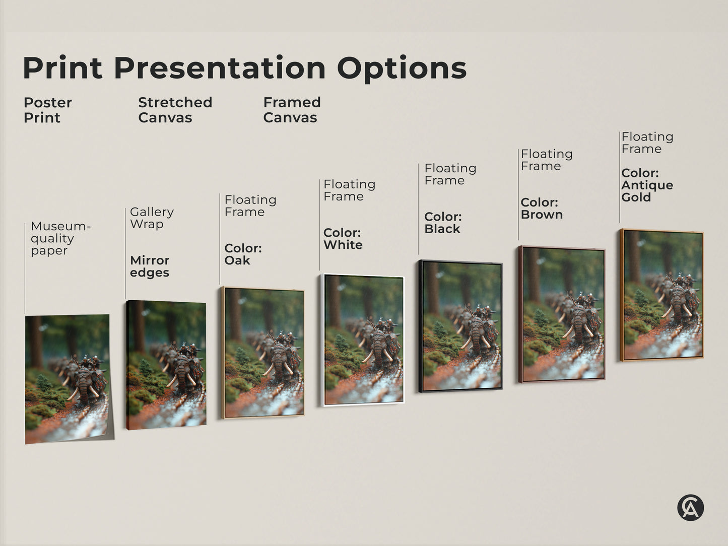 Explore print presentation options for dark fantasy elephant artwork. Choose from poster prints stretched canvas and framed canvas. Each showcases a warrior riding an elephant in a forest battle scene. Find the perfect eclectic wall decor for your study room or office.