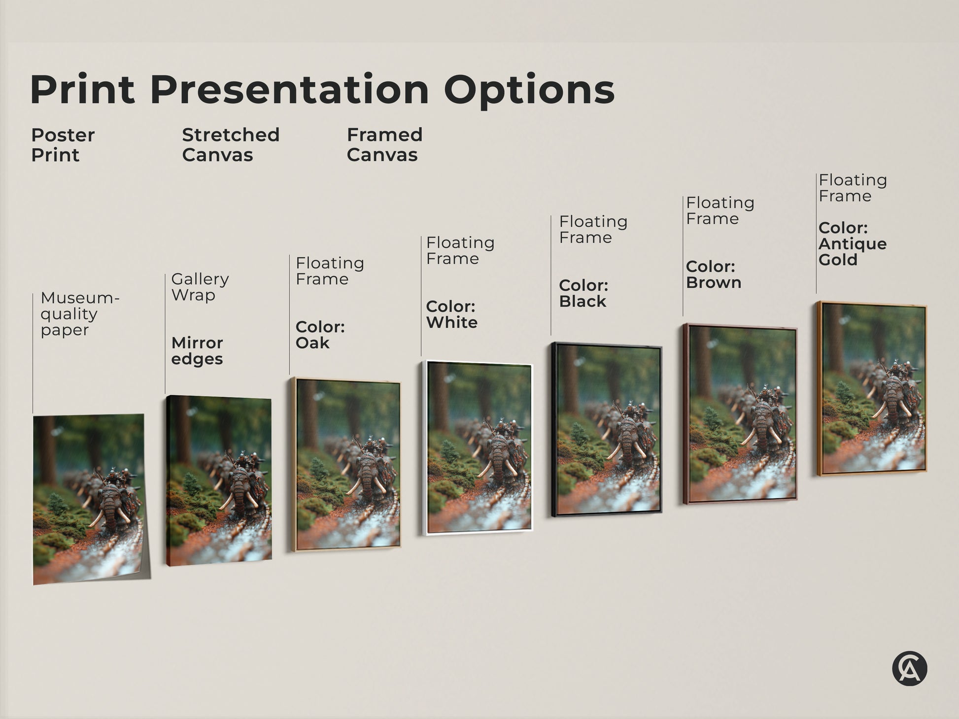 Explore print presentation options for dark fantasy elephant artwork. Choose from poster prints stretched canvas and framed canvas. Each showcases a warrior riding an elephant in a forest battle scene. Find the perfect eclectic wall decor for your study room or office.