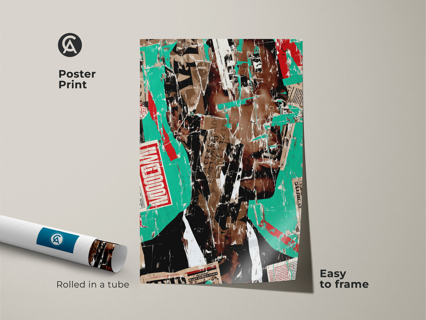 Poster print of abstract collage art. The urban portrait is a unique wall art piece. This mixed media print features teal red and brown tones. Perfect as eclectic home decor rolled in a tube. Easy to frame.
