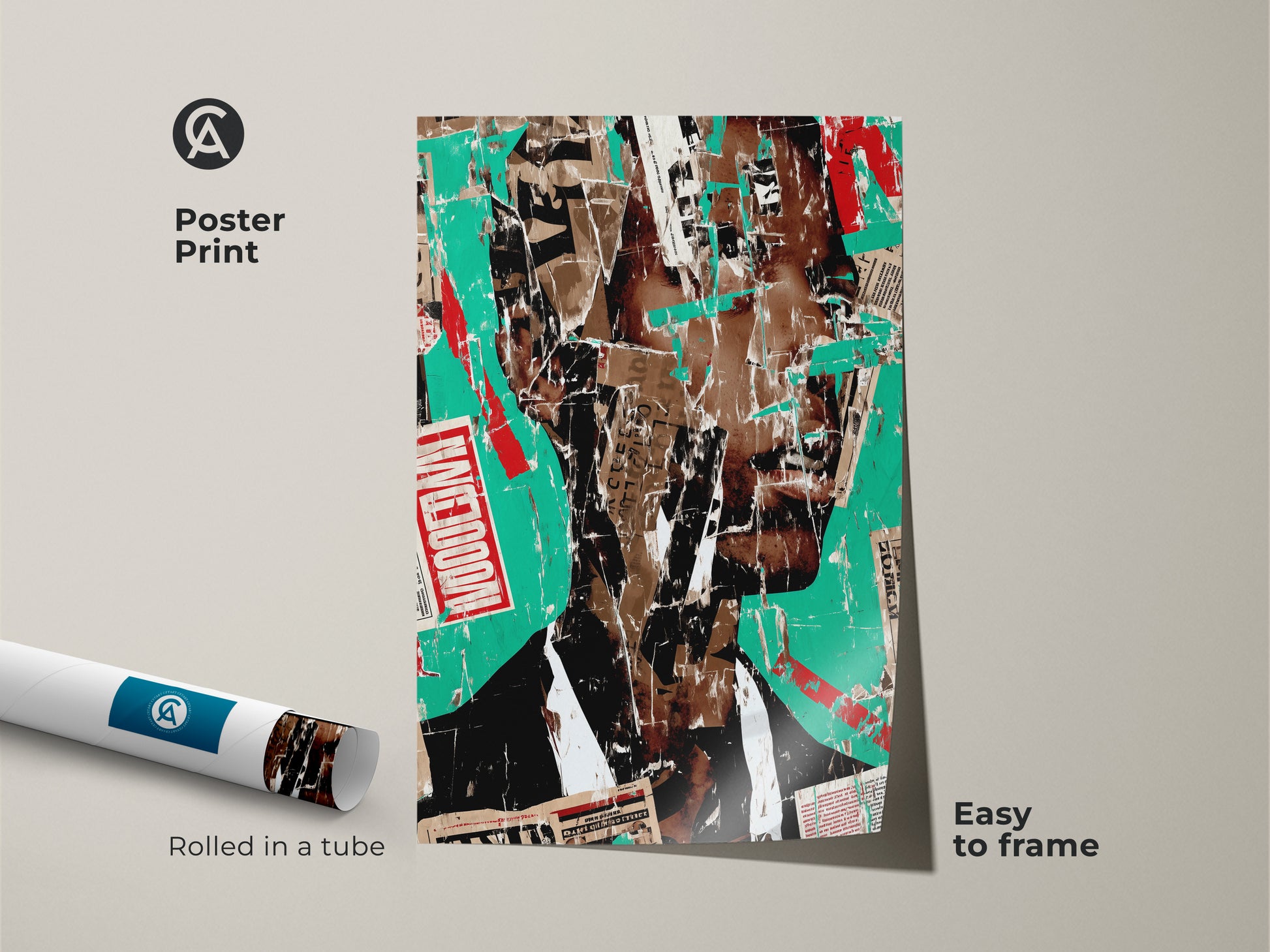 Poster print of abstract collage art. The urban portrait is a unique wall art piece. This mixed media print features teal red and brown tones. Perfect as eclectic home decor rolled in a tube. Easy to frame.