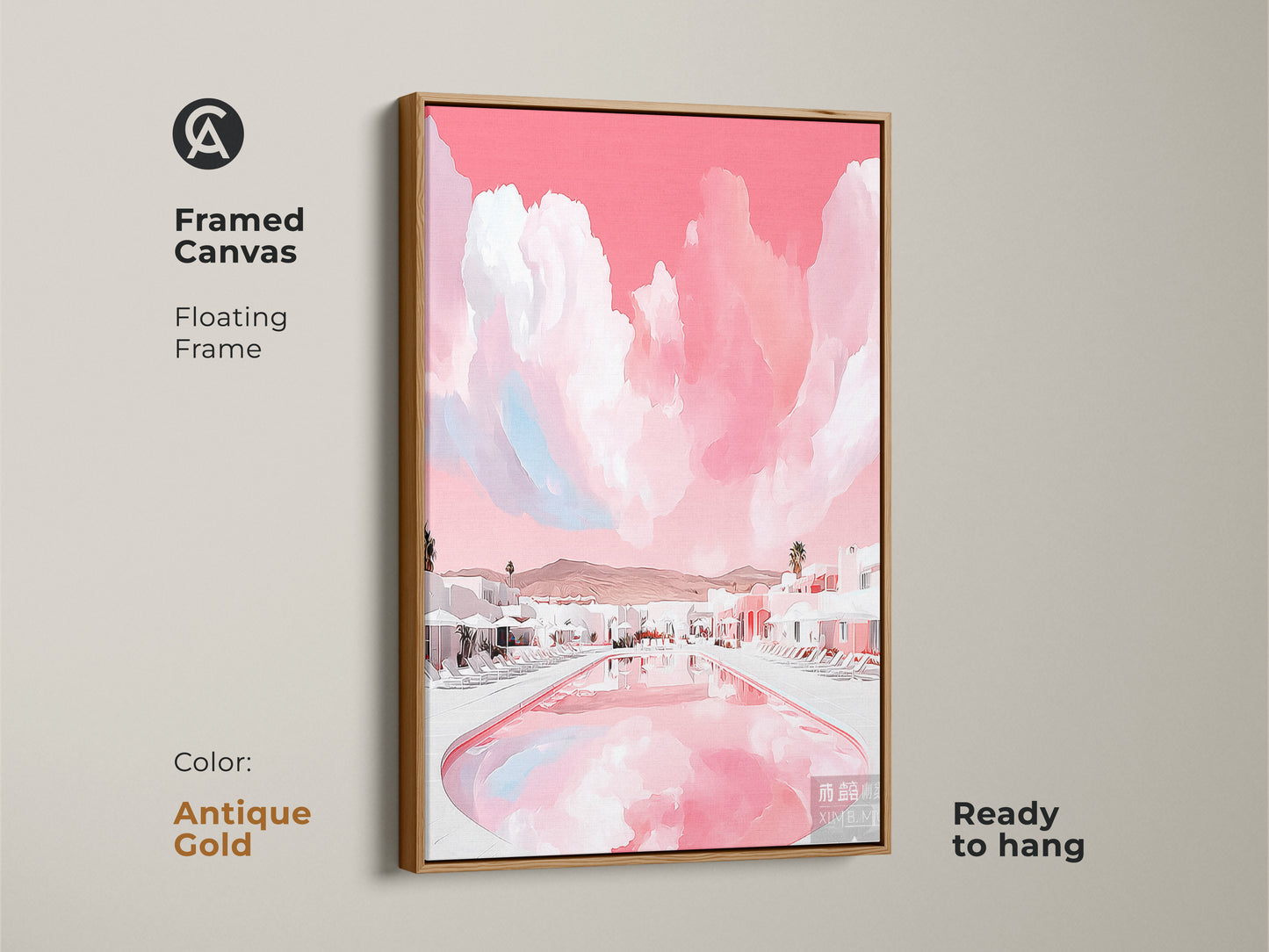 Abstract pool scene decor in an antique gold framed canvas. This modern resort print features contemporary travel decor. Ready to hang this artistic vacation landscape enhances any room with luxury hotel art.