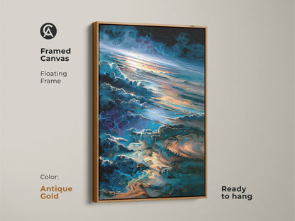 Framed canvas art featuring a space cloudscape with an antique gold floating frame. This ready-to-hang artwork brings cosmic beauty to your walls. The artwork showcases vibrant colors and intricate details. Buy this framed canvas for a celestial-inspired room decor.