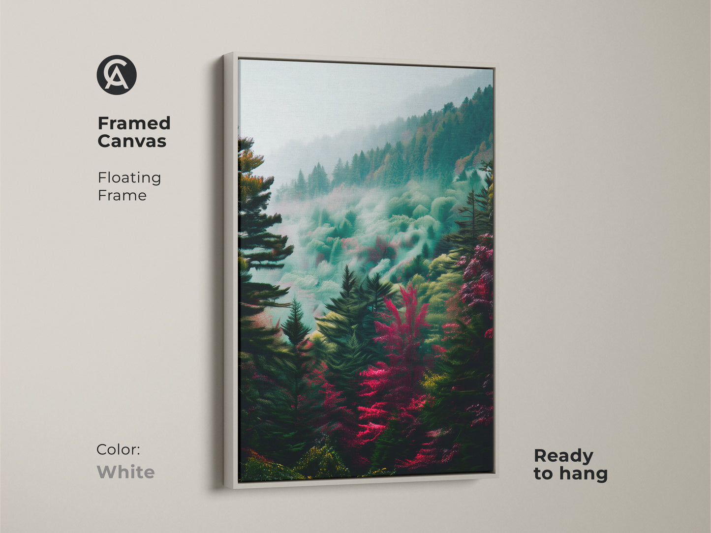 Framed canvas art with a floating frame in white. This artwork displays a misty forest landscape. Ready to hang this piece offers a clean modern aesthetic that complements any interior.