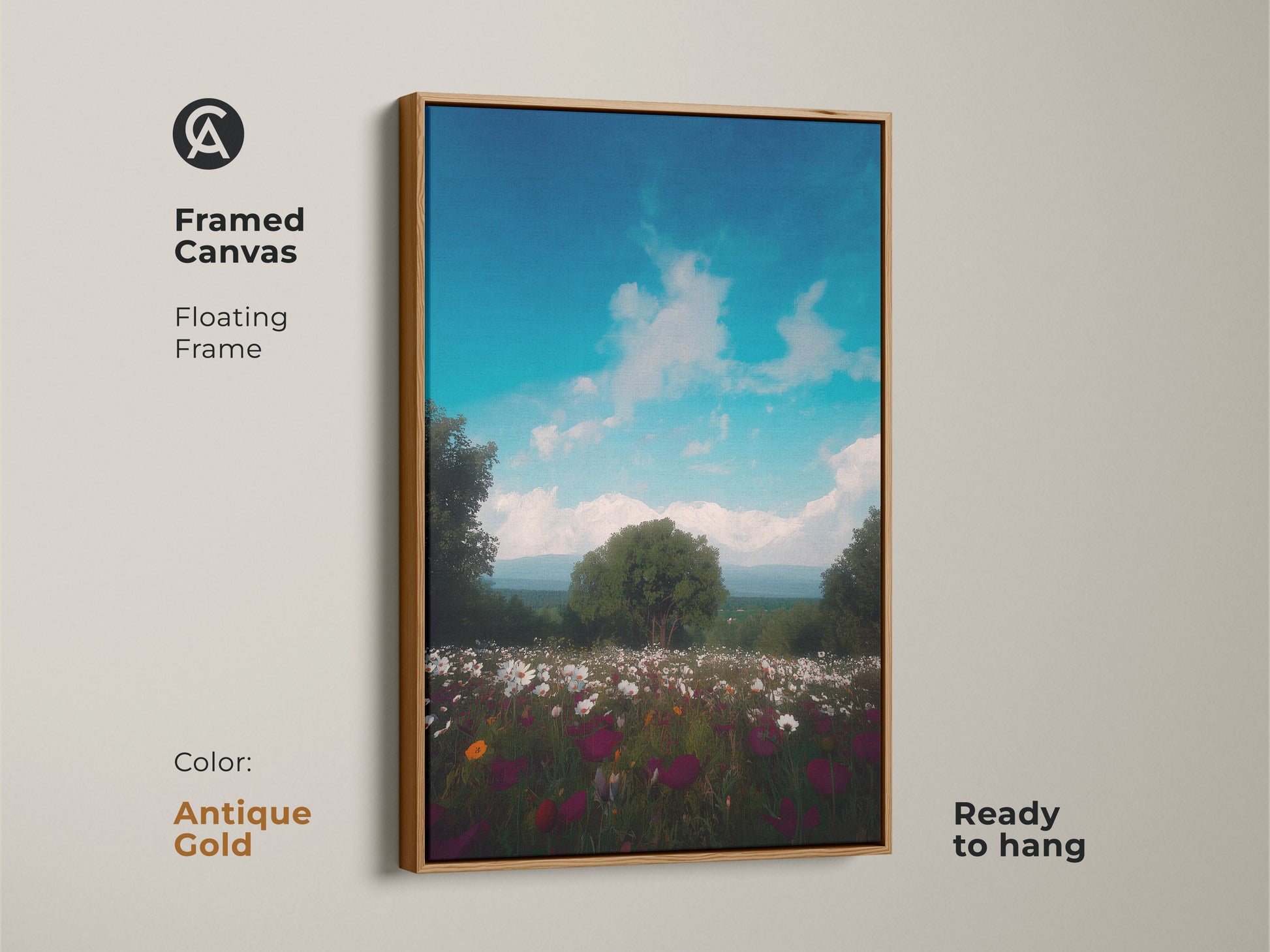 Framed canvas print in a floating frame showcasing an impressionistic wildflower field. A mountain landscape artwork featuring a blue sky. This boho-style art adds charm to any room. The scenic print is ready to hang in an antique gold frame.